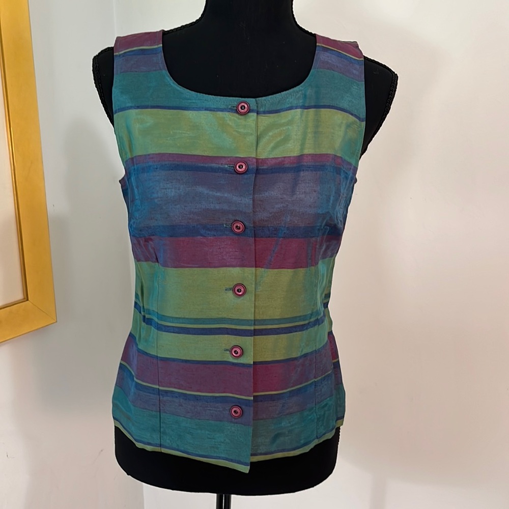 Striped purple, teal, yellow Blouse, Iridescence, lined, Made in Italy, size 4